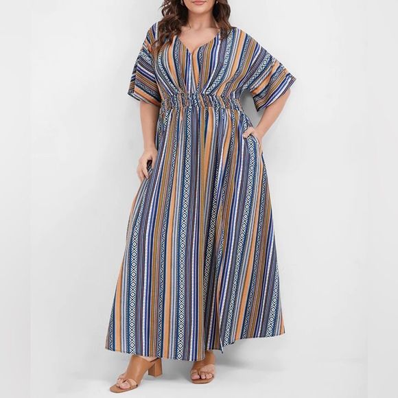 Bloomchic Dresses & Skirts - Bloomchic Tribal Split Dolman Sleeve Pocket Maxi Dress Dark Blue 12 NWT